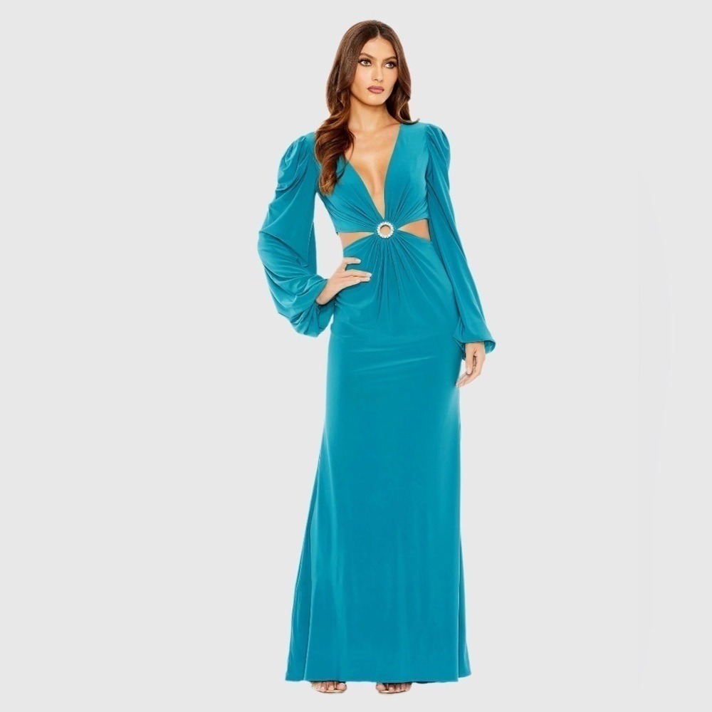 IEENA FOR MAC DUGGAL 26727 NWT
Blue Jersey Puff Sleeve Cut Out Column Gown